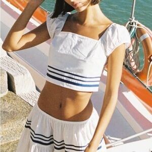 NWT Ciao Lucia Paz Cotton Poplin Short Puff Sleeve Crop Top Sailor White Stripe